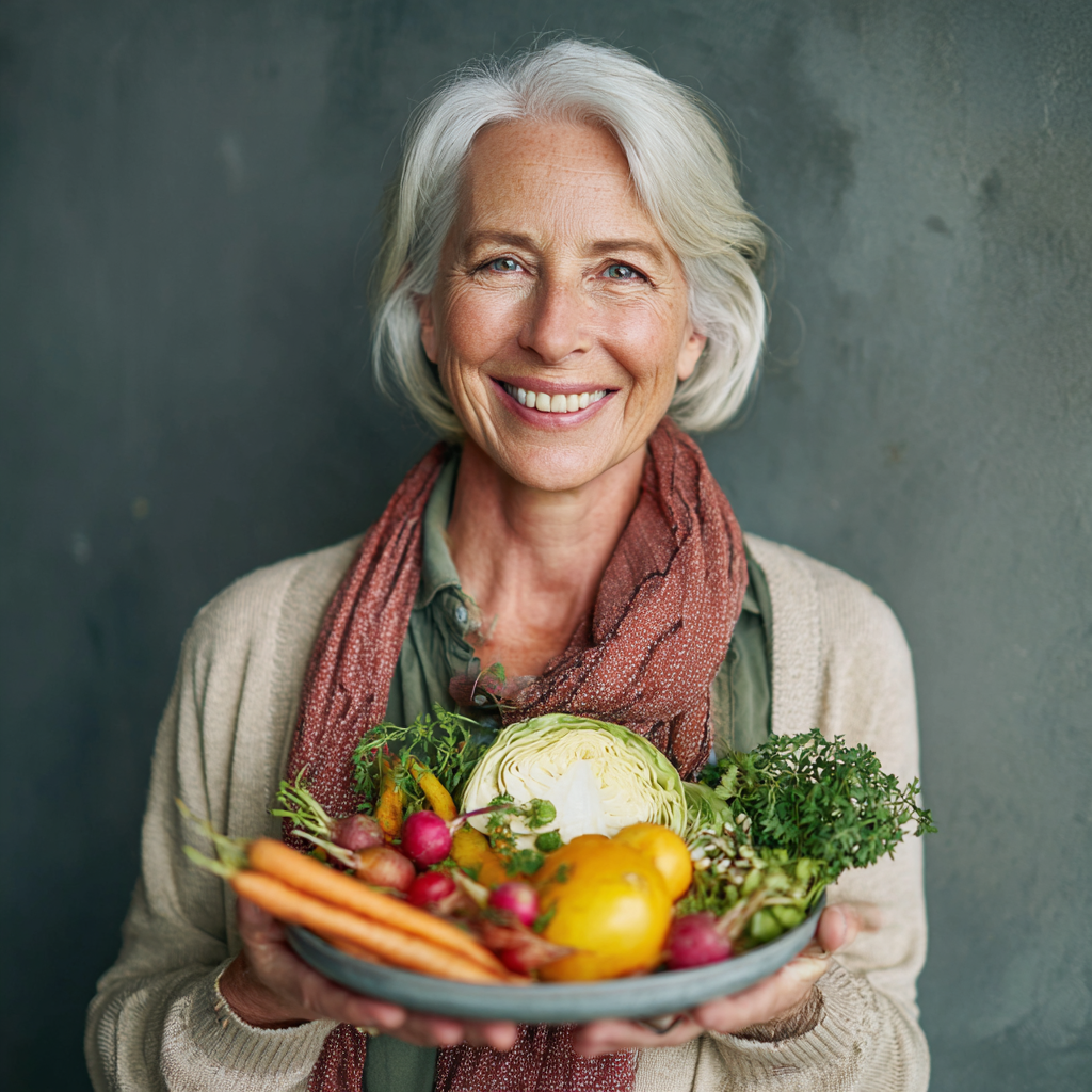 Жінка 60 років з посмішкою тримає тарілку зі здоровою їжею