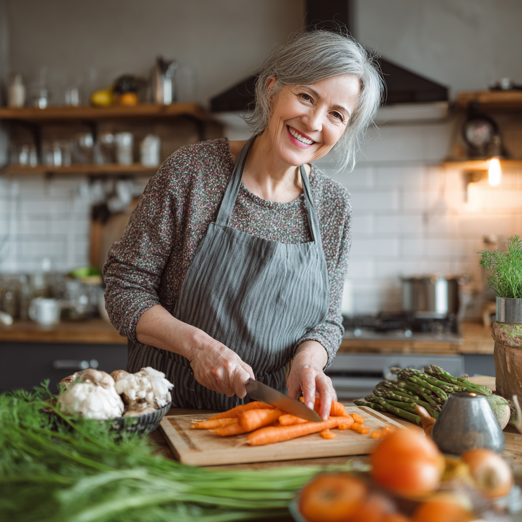 Жінка середнього віку готує здорову їжу на кухні, усміхаючись